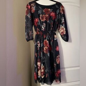 Women's Black Floral Midi Dress with Smocked Waist